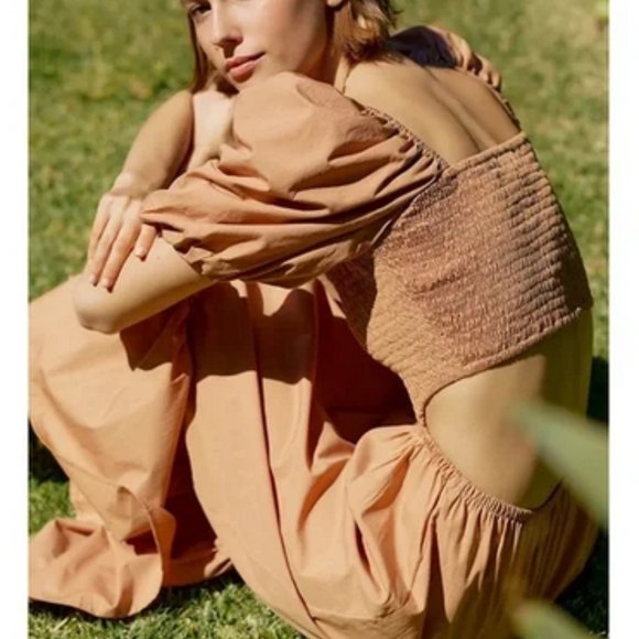 Anthropologie Faithfull 10 NWT Bloom Smocked Cut-Out Midi Dress Peasant Hazelnut - Picture 5 of 5